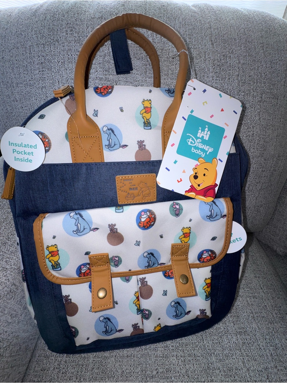 NWT Disney Baby Winnie the Pooh Navy & White Diaper Backpack with Changing Mat